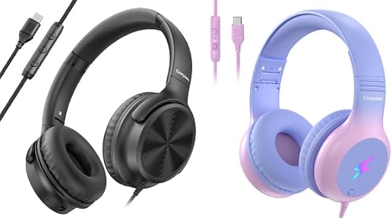 Cowyawn Over Ear USB C Wired Headphones with Microphone & USB C Headphones Wired, Kids Headphone with LED Light