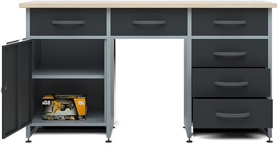 Steel Tool Storage Workbench Featuring 6 Smooth Drawers & Durable Wooden Tabletop (6 Drawers)