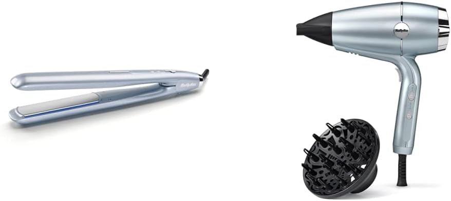 BaByliss Hydro Fusion Hair Straighteners – Dual Ionic Technology, Anti-Frizz Effect, 5 Temperature Settings, Fast Heat-Up, Auto Shut-Off – Blue, 2573U