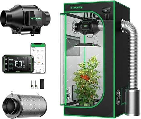 VIVOSUN S224 2x2 Grow Tent, AeroZesh G4 Inline Duct Fan, Quiet 4" 195 CFM Ventilation Exhaust Fan w/EC Motor and GrowHub E42A, 4 Inch Air Carbon Filter Smelliness Control