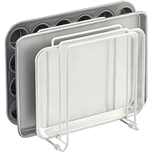 mDesign X-Large Steel Storage Tray Organizer Rack for Kitchen Cabinet - Divided Holder with 5 Slots for Skillets, Frying Pan, Pot Lids, Cutting Board, Baking Sheets - Concerto Collection - White