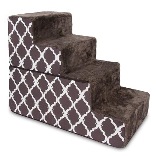 Best Pet Supplies Dog Stairs & Steps - Foam Steps for Small Dogs & Cats, Non-Slip Indoor Balanced Pet Step Support, Dog Ramp, No Assembly, Brown Lattice Print, Foldable 4-Step 22-inch Height
