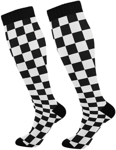 Pigsaly Black White Buffalo Check PlaidWomen's Knee High Socks Checkerboard Compression Socks Unisex Casual Athletic Tube Sock Outdoor Sport Socks For Running Hiking Travel