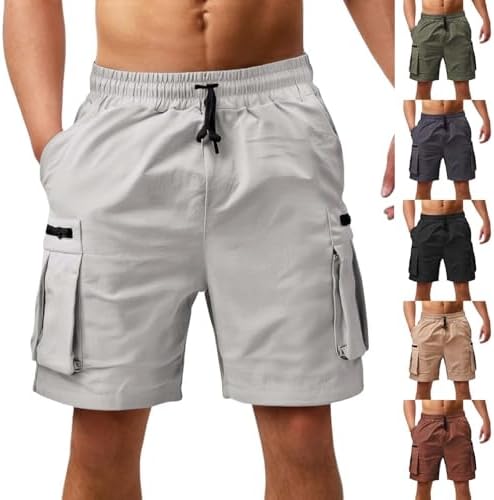 Mens Cargo Casual Shorts Lightweight Stretch Athletic Shorts Elastic Waistband with Pockets Hiking Gym Beach