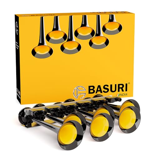 BASURI Musical Air Horn | 1224 Volt | 130 DB | Version Baby Shark 1.0 31 Super Loud Melodies Sounds 6 Pipe Trumpets With Turbo Controller For Bus, Truck and Heavy Duty Vehicles