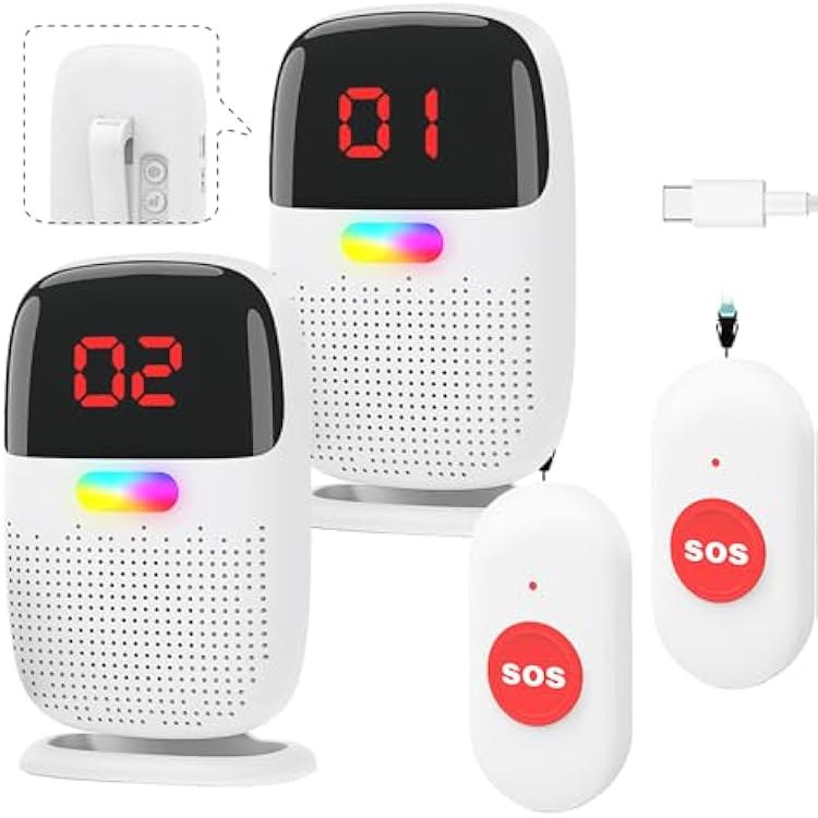 Caregiver Pager System with Digital Display for Elderly Assistance, Fall Prevention, and Nurse Calling,Wearable Wireless Pager for Patient Help at Home 2 Call Buttons  2 Receivers