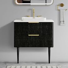 30" Striped Bathroom Vanity with Ceramic Sink, Wooden Double Drawers Freestanding Bathroom Storage Cabinet Vanity with Storage, Pre-Assembled, Black