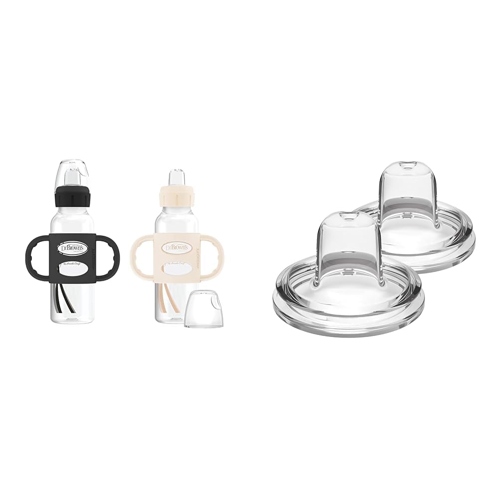 Dr. Browns Milestones Narrow Sippy Bottle with Handles, Easy-Grip Handles with Soft Sippy Spout, 8oz, Black & Ecru, 2 Count with Options Wide-Neck Sippy Spout, 2 Count