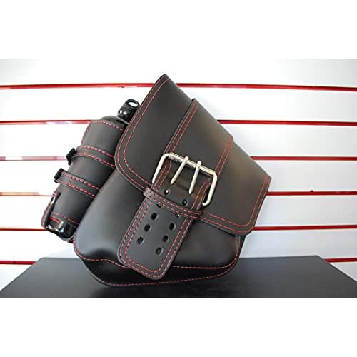 LA ROSA DESIGN SSBBL03BSBHRED-8 Leather Saddlebag LEFT SIDE BLACK WITH FRONT WIDE STRAP ALL RED STITCHING INCLUDES FUEL BOTTLE AND HOLDER Compatible With Harley Davidson SOFTAIL BREAKOUT