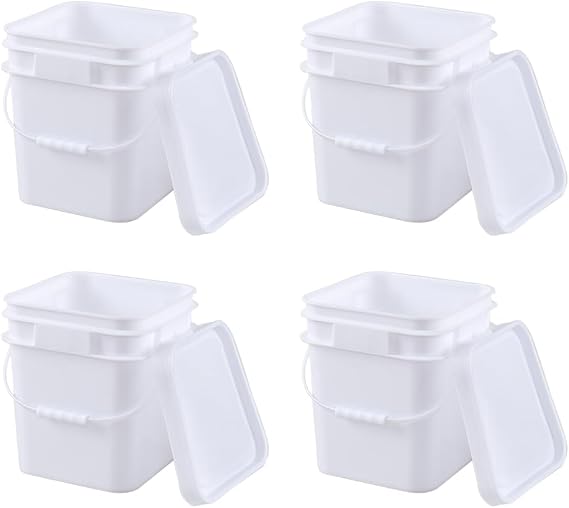 4 Pcs 3 Gallon Plastic Square Bucket Pail with Handle and Lid, White