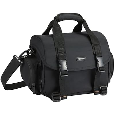 Amazon Basics Large DSLR Gadget Bag with Multiple Compartments, Pockets, Shoulder Strap, Black with Orange Interior