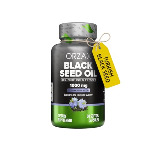 ORZAX Black Seed Oil Cold Pressed 1000mg - 2% Thymoquinone, Nigella Sativa Black Cumin Seed, Non-GMO, Immune, Skin & Antioxidant Support, 60 Softgels, 60 Day Supply