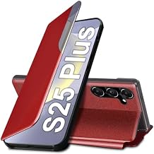 S25 Plus Flip Case for Samsung Galaxy S25 Plus 5G Case, Clear View Slim Fit Leather Cover for Samsung S25 Plus Phone Case with Kickstand Rugged Heavy Duty Shockproof Bumper Shell, 6.7 Inches Red
