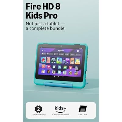 Amazon Fire HD 8 Kids Pro tablet (newest model), ages 6-12. Bright 8" HD screen, includes ad-free content, parental controls, 13-hr battery, slim case for older kids, 64GB, Hello Teal