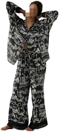 Womens Y2k Silk Pajama Sets Floral Print Long Sleeve Button Down Shirts Wide Leg Pants 2 Piece Lounge Sets