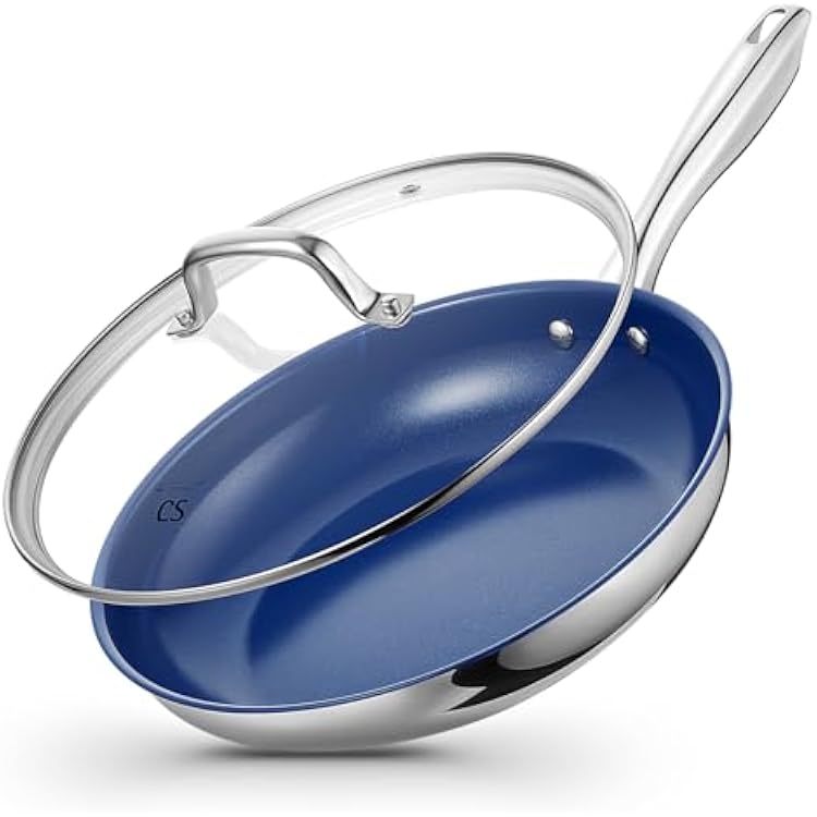 KOCH SYSTEME CS Stainless Steel Frying Pan with Lid, 12 Inch Pan with Nonstick Blue Ceramic Coating, Nonstick Skillet, Induction Compatible