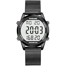 Mens Pedometer Watch with Stainless Steel Bracelet,Step Counter Watch No App, No Charging Needed for Ourdoor Walking, Calorie, Distance, Alarm, Countdown Timer Watch TU-2306B TIMEURE