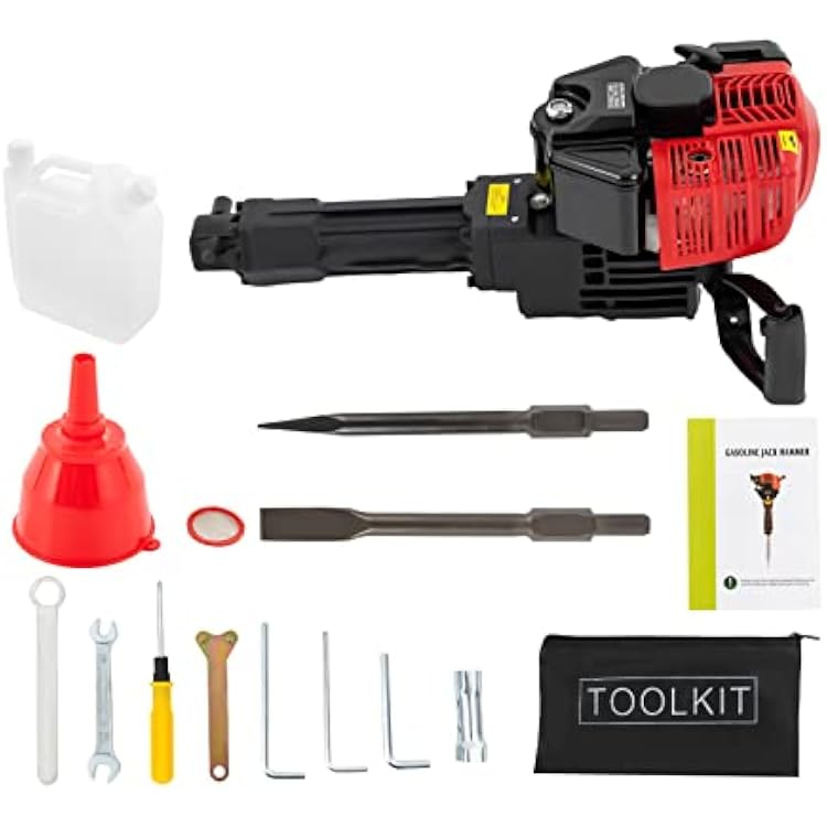 52CC 2-Stroke Gas Powered Demolition, Gasoline Concrete Breaker Drill w 2 Chisels, 1500 BPM Heavy Duty Gas Powered Jack Hammer, for foundation removal, lane removal, reinforced concrete floor