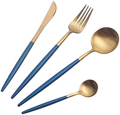 Silverware Flatware Set, 4/16/24/32 Piece Creative And Simple 304 Stainless Steel Tableware Set Jufeng Stainless Steel Knife, Fork And Spoon(Blue Gold,16 Pieces for 4)