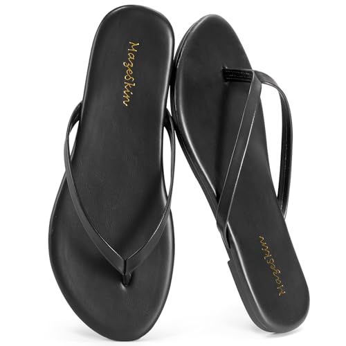 mazeskin Womens Memory Foam Comfortable Flat Thong Sandals Dressy Summer Beach Leather Slide Flip Flops