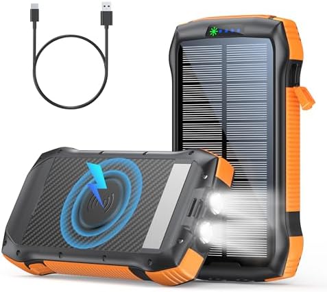 Solar Charger Power Bank, 40000mAh Wireless Portable Charger QC3.0 PD 20W Fast Charging with USB-C inOutput, External Battery Pack with Dual Flashlights Hiking Camping Essential