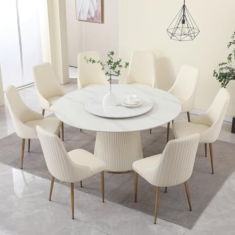 Leavader 9 Pcs Dining Room Table Set, Lazy Susan Round Dining Table Set of 8, Modern Sintered Stone Tabletpp with Cylindrical Base, 59 D Faux Marble Dining Table with 8 Chairs