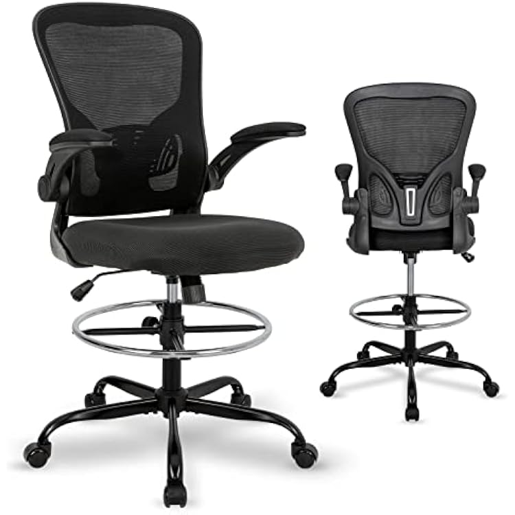 Drafting Chair Tall Office Chair, Standing Desk Chair 3.9 Cushion, Ergonomic Mesh Computer Chair with Adjustable Foot Ring & Flip-Up Arm, Executive Rolling Swivel Stool for Office & Home. Black
