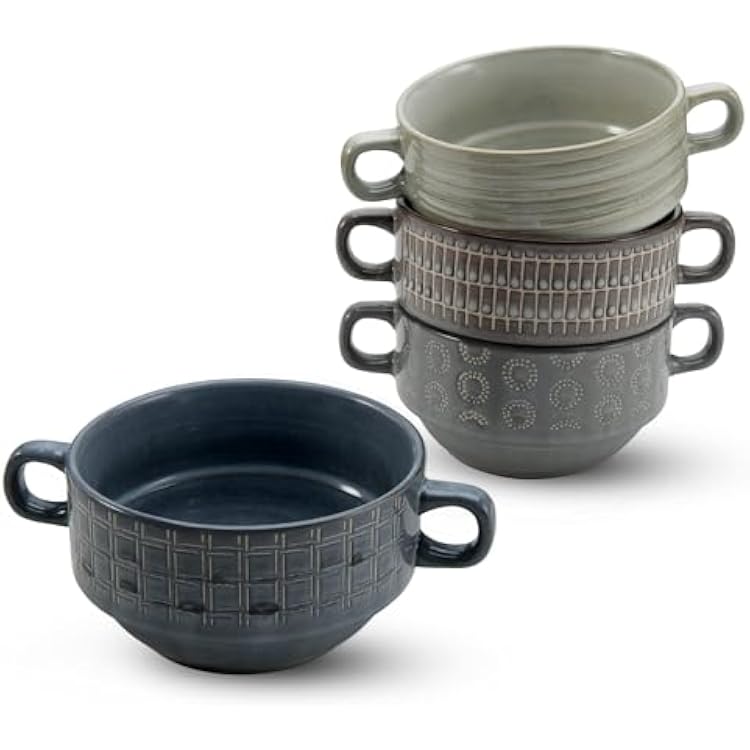 American Atelier 16 oz French Onion Soup Bowls with Handles, Set of 4 Glazed Stoneware Bowls for Soup, Chili, Pasta & Stew, Stackable, Durable Kitchen Tableware Assorted Colors