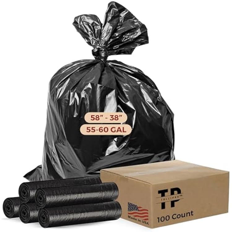 55-60 Gallon Trash Bags | 100 Count | 1.2 Mil Black Can Liners | Heavy Duty | 38 x 58 | Made in the USA