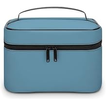 Leather Portable Makeup Bag, Blue Cosmetic Bag Makeup Organizer Case Large Capacity Travel Toiletry Bag with Zipper