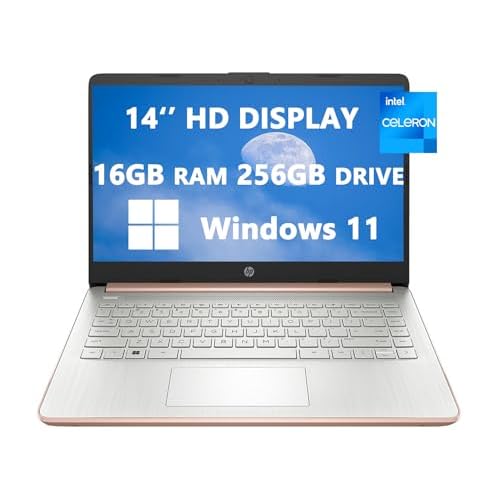 2024 HP 14 HD LED Display Laptop, Intel Celeron N41204-core, 16GB RAM, 256GB128GB SSD128GB Card, SD Card Slot, USB-C, Rose Gold, Light-Weight, Windows 11, School and Business Ready, RK Date Cable