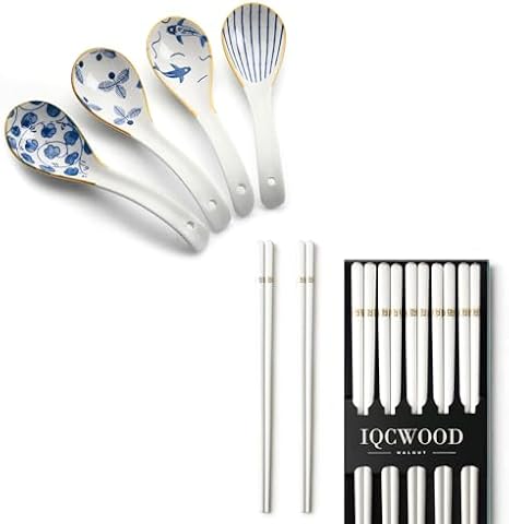 4 Asian Ceramic Soup Spoons + 5 Pairs Porcelain Chopsticks