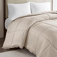 Madison Park Cotton Comforter, 300 Thread Count Cotton Comforter, Box Quilting, Soft, Breathable, Lightweight All Seasons Down Alternative Bedding with Corner Loops, Winfield, Full/Queen, Tan