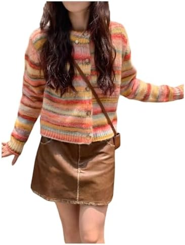 GORGLITTER Womens Striped Colorful Button Up Cardigan Sweater Trendy Fall Long Sleeve Crewneck Knitwear Tops