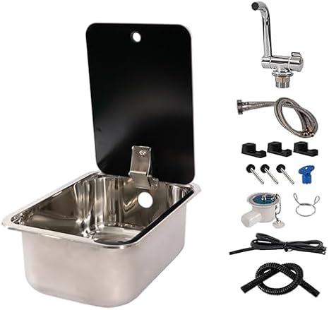 Stainless Steel RV Sink - Small Kitchen Sink Kit with Folding Faucet and Lid for Campervan Accessories