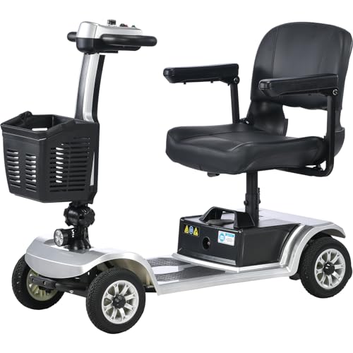 4 Wheel Mobility Scooter - Electric Powered Wheelchair Medical Aid - Compact Heavy Duty Mobile for Travel, 400 lb Seniors, Adults, Handicapped - Long Range Batteryw Charger Basket Included Silver