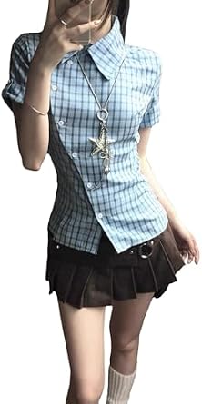 Vintage Plaid Casual Shirt Women Short Sleeve Y2k Harajuku Tops 2000s Shirt Irregular Retro Slim Fit Blouses