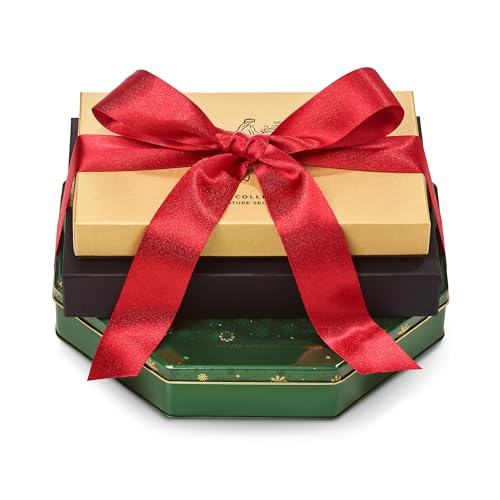 Godiva Holiday Tower with Red Ribbon, Includes Truffle Gift Box, Gold Chocolate Gift Box & Masterpiece Holiday Tin, Gourmet Chocolate Assortment, Kosher & Halal