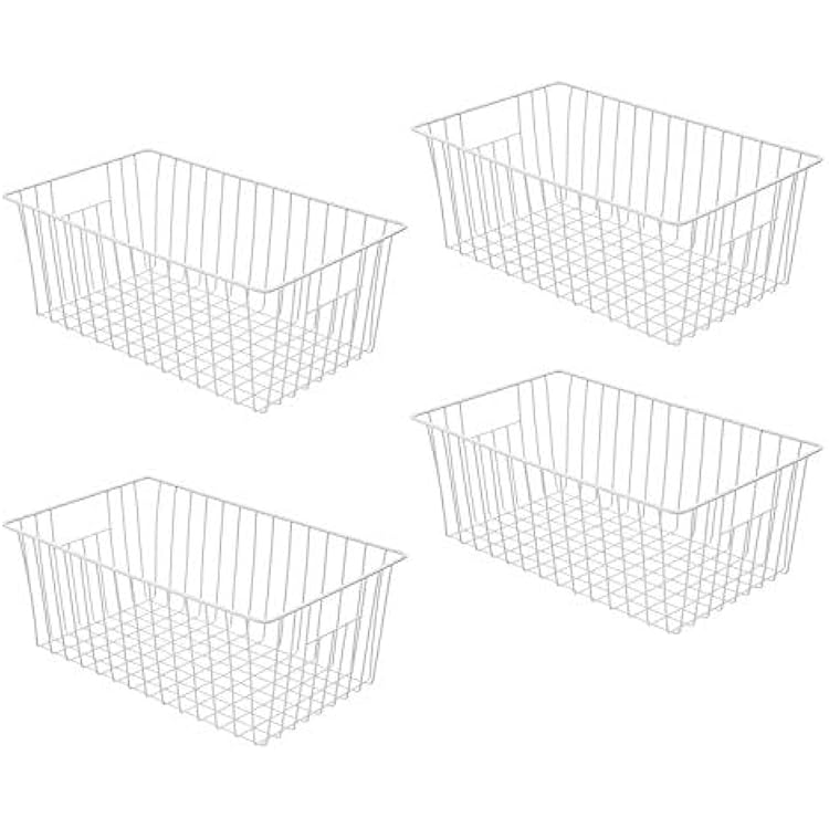 Freezer Basket Organizer, Refrigerator Metal Wire Storage Divider, Household Container Bins with Handles for Kitchen, Pantry, Cabinet, Closets - Pearl White 4, 16in x 9in x 7in