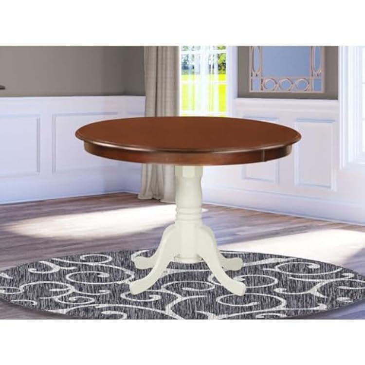 Round Wood Dining Table - Sturdy Kitchen Table for Small Spaces Mahogany and Linen White42-Inch Without Dropleaf