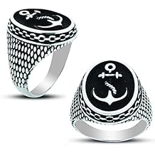 Solid 925 Sterling Silver Turkish Sailor's Anchor Men's Ring
