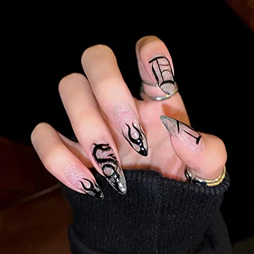 MISUD Stiletto Almond Press on Nails Black Flame Glitter Bling Fake Nails Medium Glossy False Nails for Women and Girls 24Pcs
