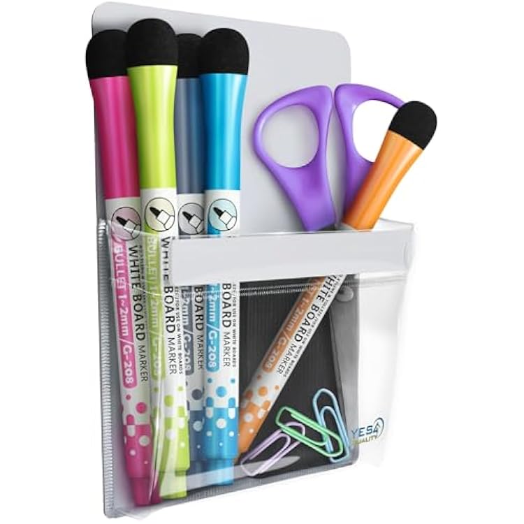 YES4QUALITY Magnetic Pen Holder for Refrigerator with Strong Magnetic Back, Dry Erase Marker Holder Ideal for Whiteboard & Fridge, Clear & White Pencil Cup