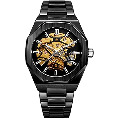 Skeleton Mechanical Watch for Men Automatic Self-Winding Open Heart Design, Octagonal Case, Stainless Steel Band Premium Skeleton Watch for Casual & Formal Wear