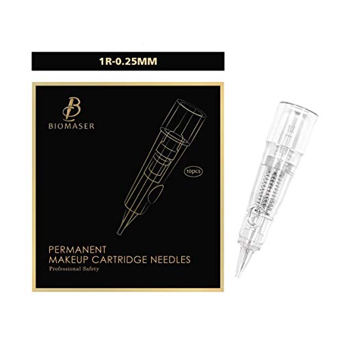 Cartridge Needles BIOMASER 10PCS Sterilized Permanent Makeup Cartridge Needles Tattoo Needle Fits for Permanent Makeup Machine Pen T100 P1 X1 for Eyebrow Eyeliner Lip 1R-0.25MM