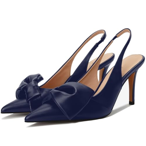 Womens Slingback Heels with Bow Pointed Toe Pumps with Elasticated Strap 3.3 High Heels for Evening Dress Shoes