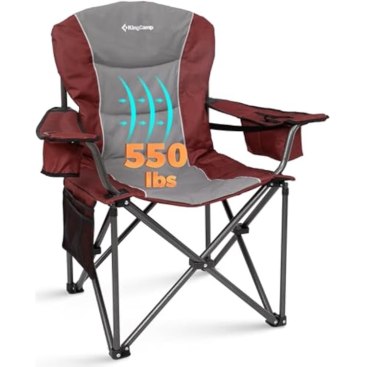 KingCamp Oversized Camping Chair with Adjustable Lumbar Support, 550lbs Heavy Duty Padded Folding Lawn Chair for Adults, Outdoor Armchair with Cooler Bag, Cup Holder & Side Pocket for Fishing, Travel