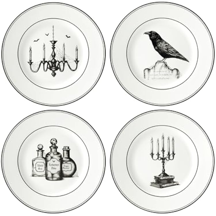 Lenox Dinnerware Set, Vintage Halloween 4-Piece Dessert Plate Set, Assorted, Set of 4 Ivory Porcelain Plates, Dishwasher Safe, Halloween Decor Indoor, Party Table Decorations BlackWhite, 4 Piece