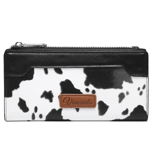 Cow Print Wallets for Women Slim Bifold Credit Card Holder - Card Cases Wallet with Smooth Zipper, Coin Pocket & ID Window - Money Organizer Cash Wallet, Signature Black