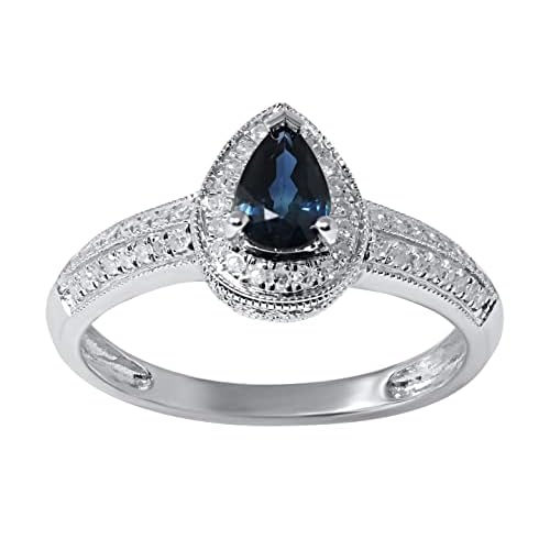 10K Solid White Gold Genuine Sapphire Diamond Ring